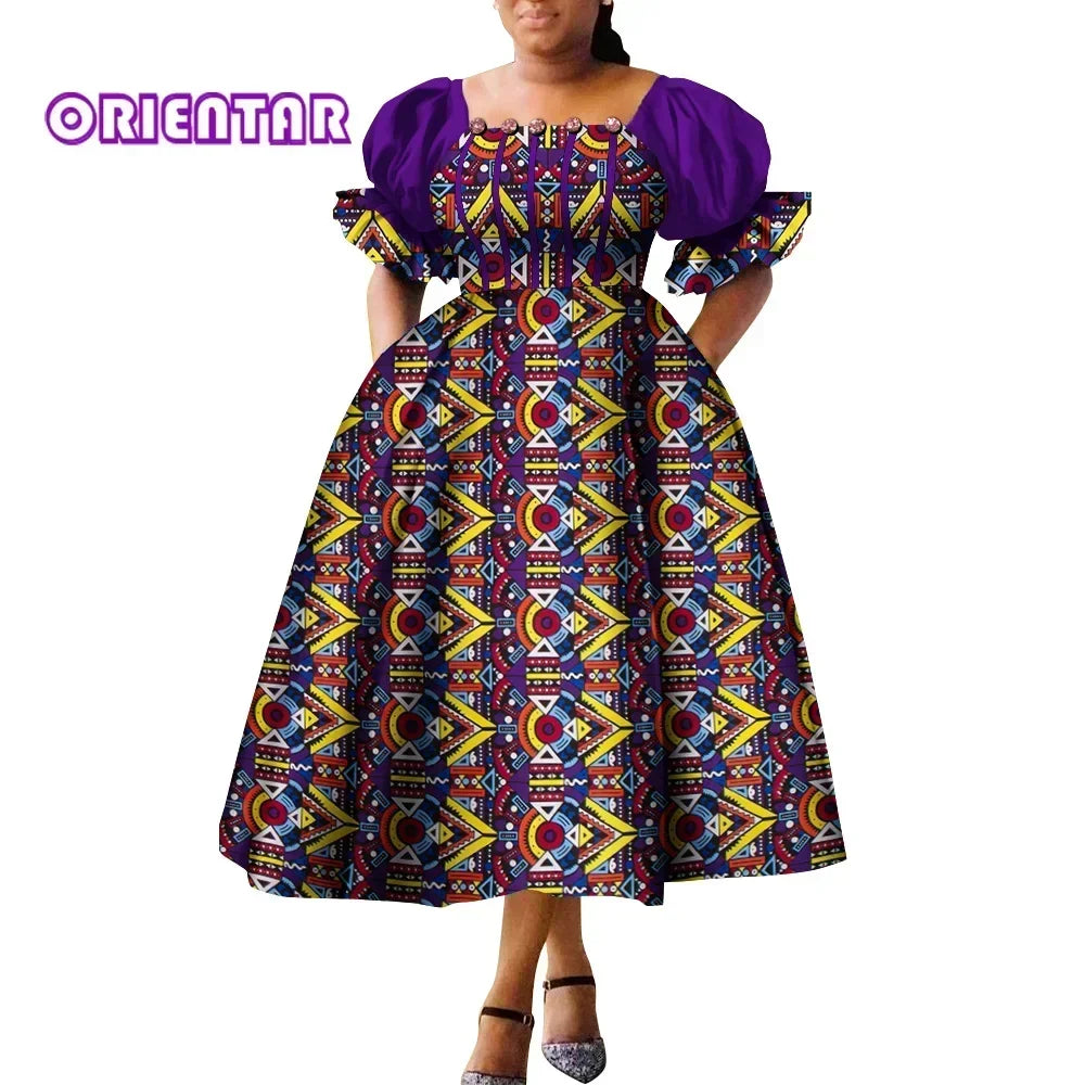 Women’s African Print Puff Sleeve Maxi Dress – High Waist Princess Gown