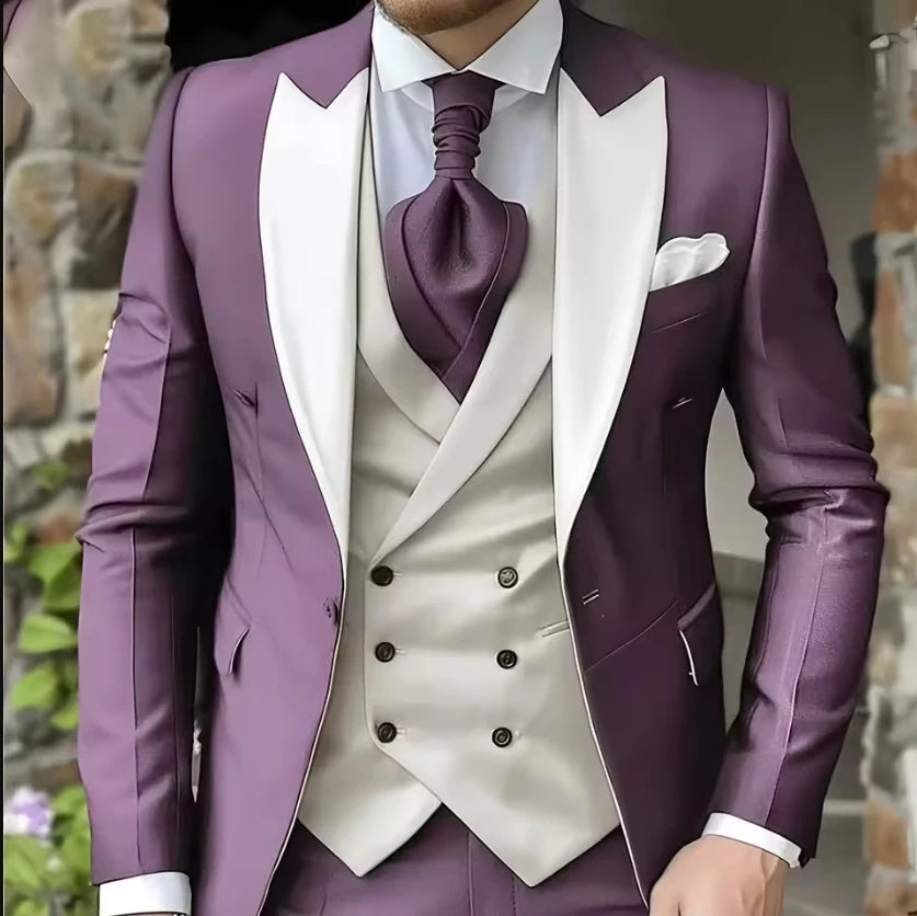 AMEHE Men’s White 3-Piece Tuxedo Suit – Blazer, Vest & Pants