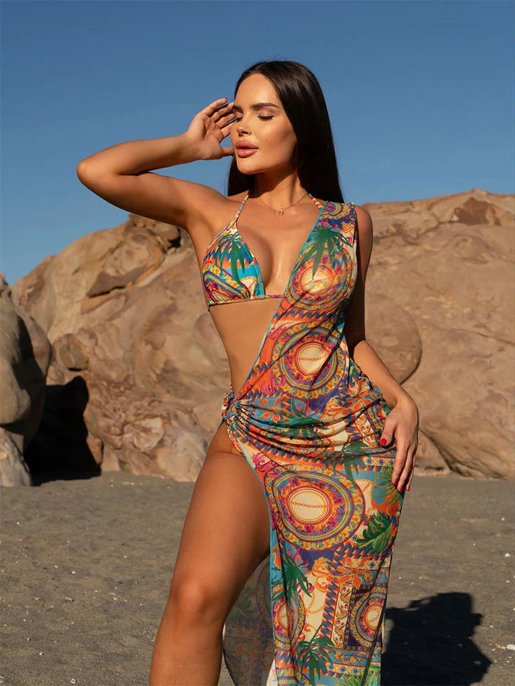 AMEHE 3-Piece Leopard Print Bikini with Mesh Beach Skirt