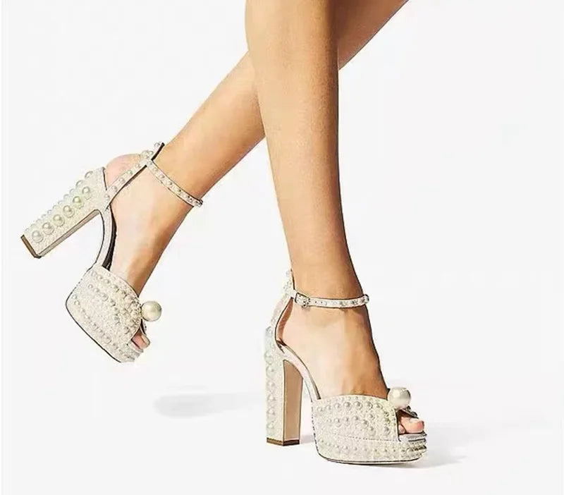 Luxury Beaded Thick Heel Sandals – Open Toe Style