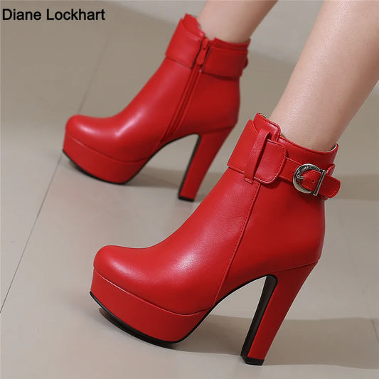 Women’s Fashion Platform Ankle Boots – Black/Red/White
