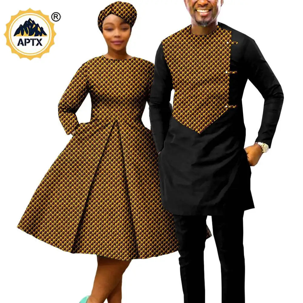 African Matching Couple Outfits – Women’s Print Dress & Headwrap with Men’s