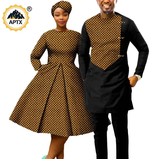 African Matching Couple Outfits – Women’s Print Dress & Headwrap with Men’s