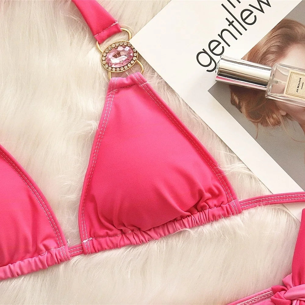 AMEHE Luxury Rhinestone Crystal Two-Piece Thong Bikini Swimsuit