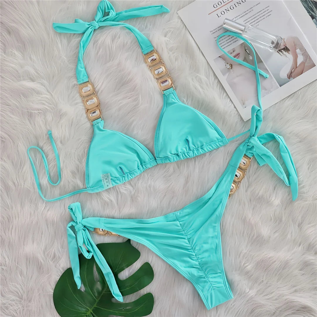 AMEHE Rhinestone Halter Two-Piece Bikini Swimsuit