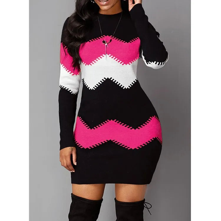 AMEHE Women's Rib Knit Patchwork Turtleneck Mini Sweater Dress