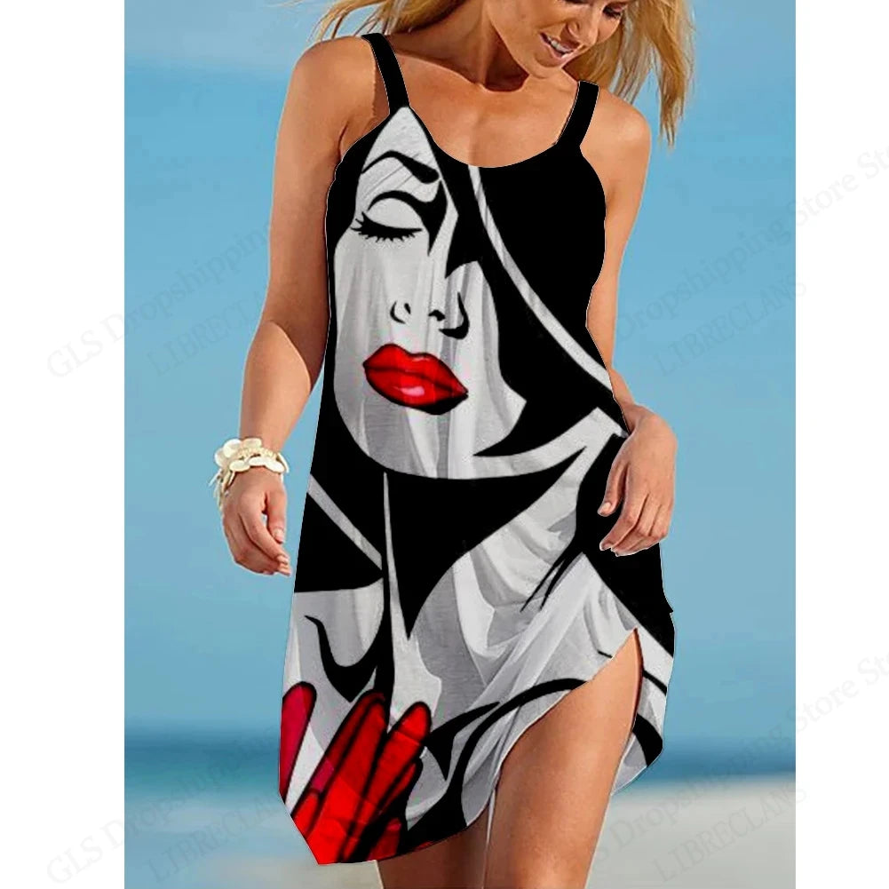 Women’s African Face Print Mini Sundress – Sleeveless Bohemian Beach Dress