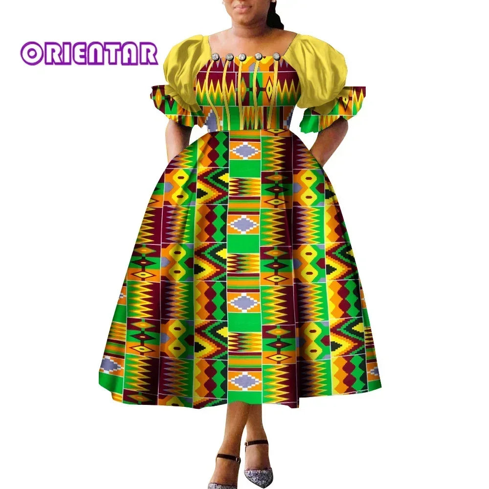 Women’s African Print Puff Sleeve Maxi Dress – High Waist Princess Gown