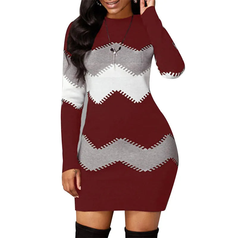 AMEHE Women's Rib Knit Patchwork Turtleneck Mini Sweater Dress