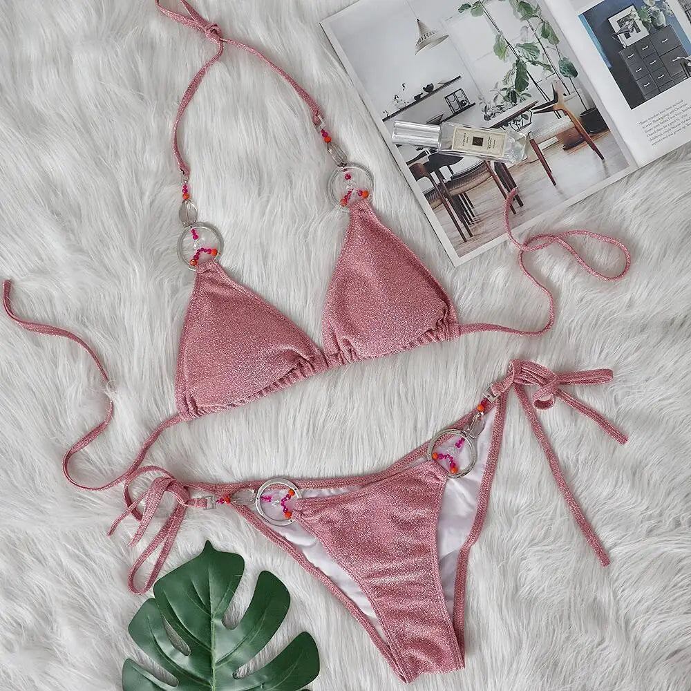AMEHE Luxury Rhinestone Crystal Two-Piece Thong Bikini Swimsuit