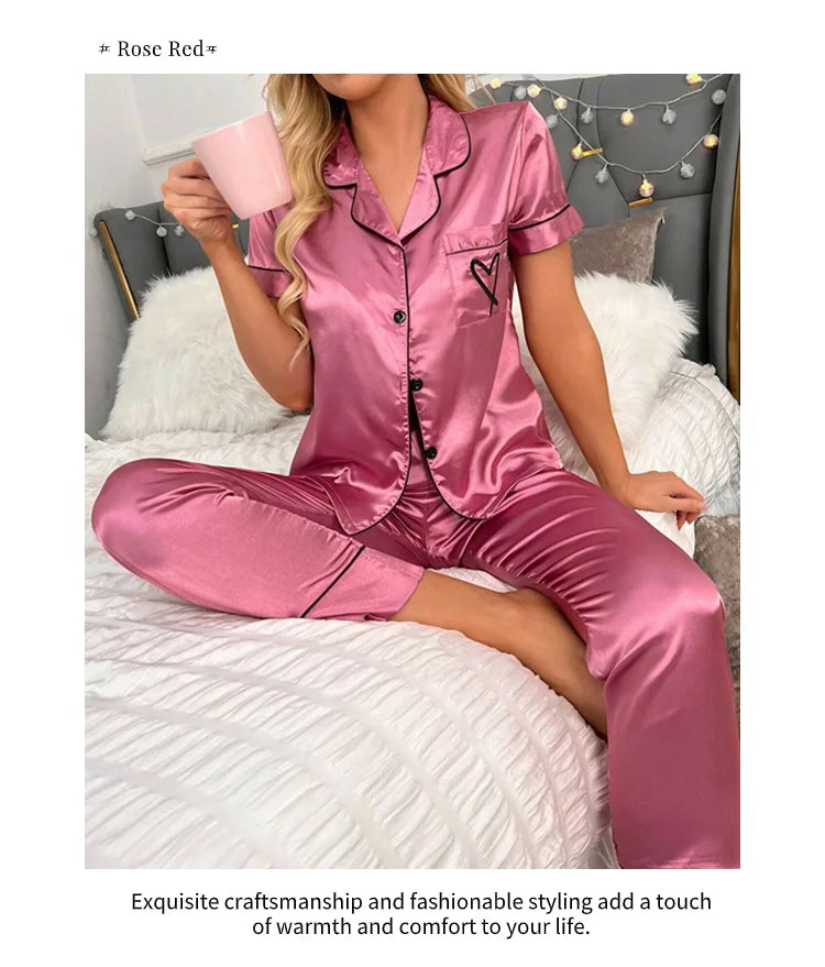 AMEHE Women's Satin Heart Embroidered Button-Up Pajama Lounge Set