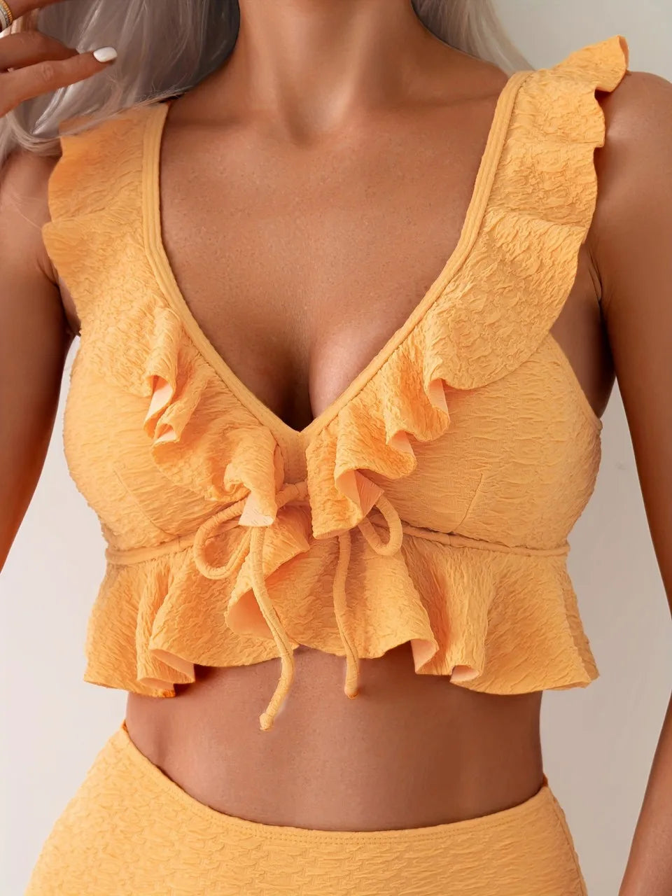 AMEHE Solid Color Strappy Ruffle High-Waist Two-Piece Bikini Swimsuit
