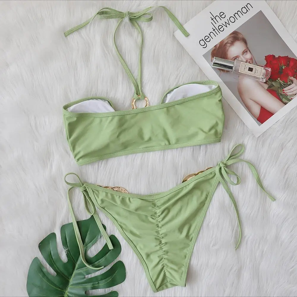 AMEHE Luxury Rhinestone Crystal Two-Piece Thong Bikini Swimsuit