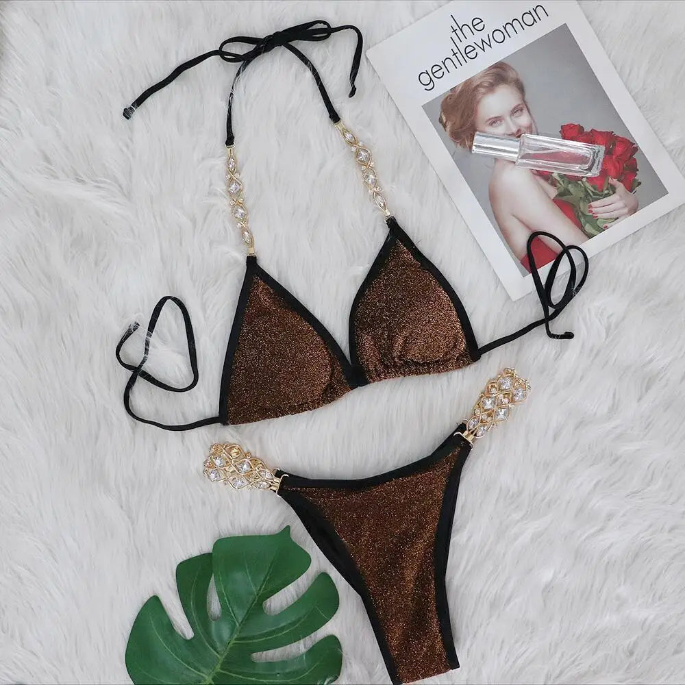 AMEHE Luxury Rhinestone Crystal Two-Piece Thong Bikini Swimsuit