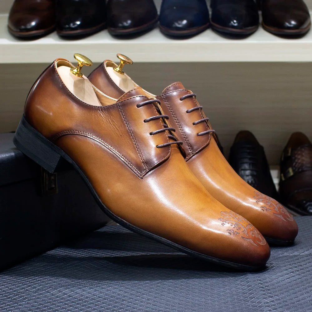 Elegant Men’s Oxford Derby Shoes – Genuine Leather, Pointed Toe