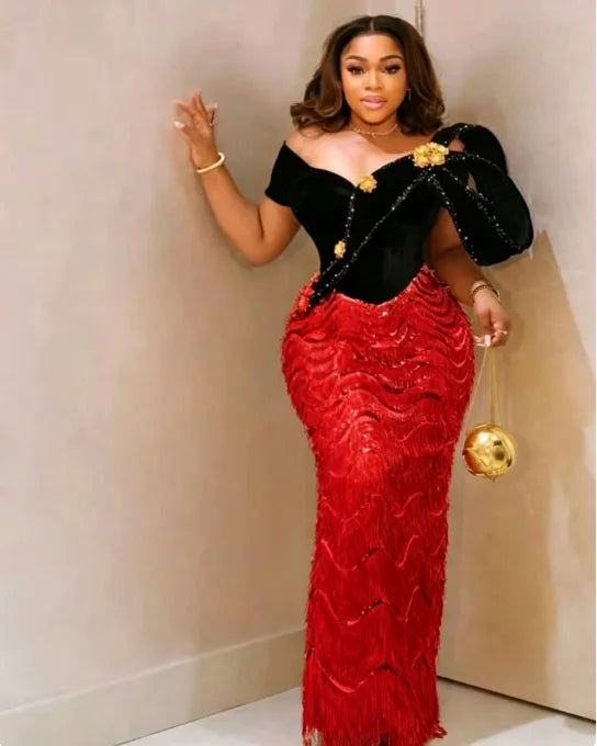 Women’s Black & Gold Velvet Mermaid Evening Gown – Luxury Formal Wedding & Prom Dress