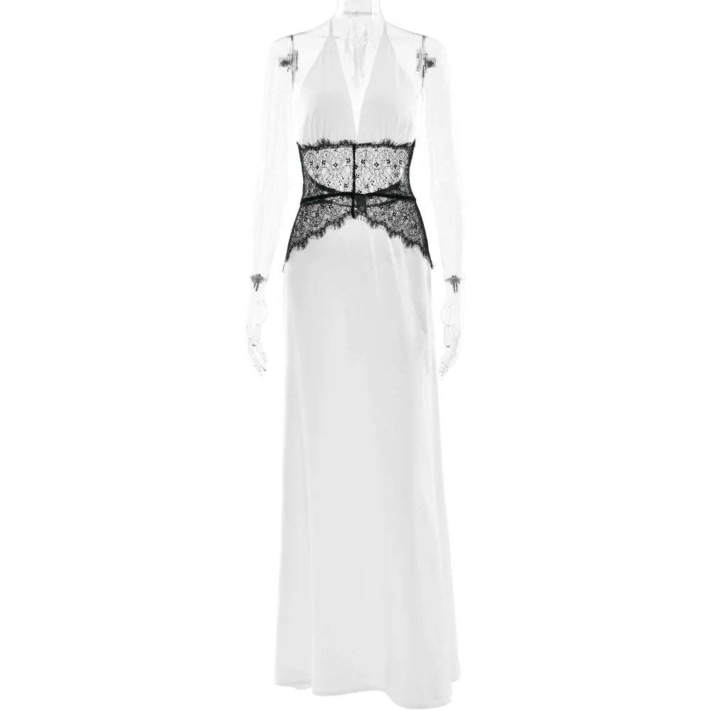 AMEHE Women's Lace Halter Deep V-Neck Backless Maxi Evening Dress
