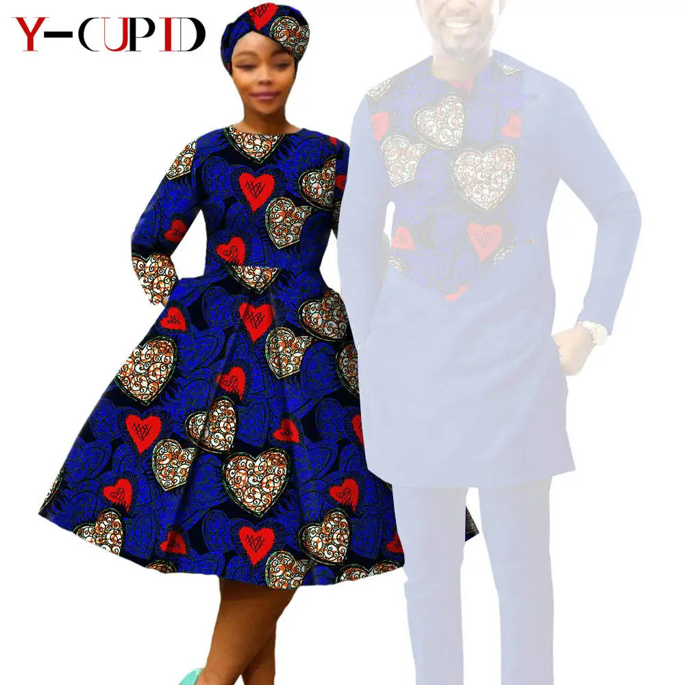African Matching Couple Outfits | Dress, Headwrap & Men’s Dashiki Set