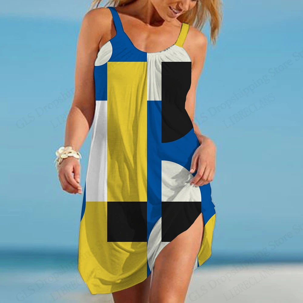 Women’s African Face Print Mini Sundress – Sleeveless Bohemian Beach Dress