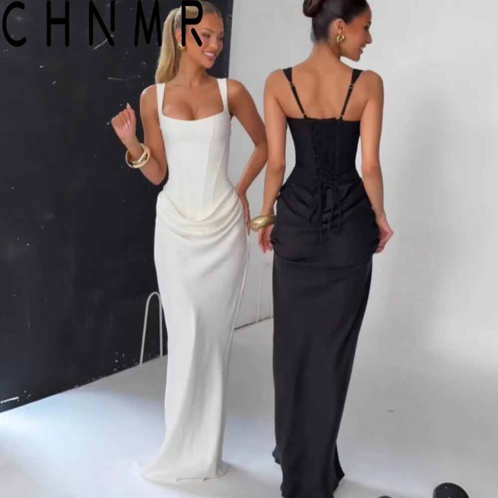AMEHE Women's U-Neck Backless Ruched Bodycon Maxi Evening Dress