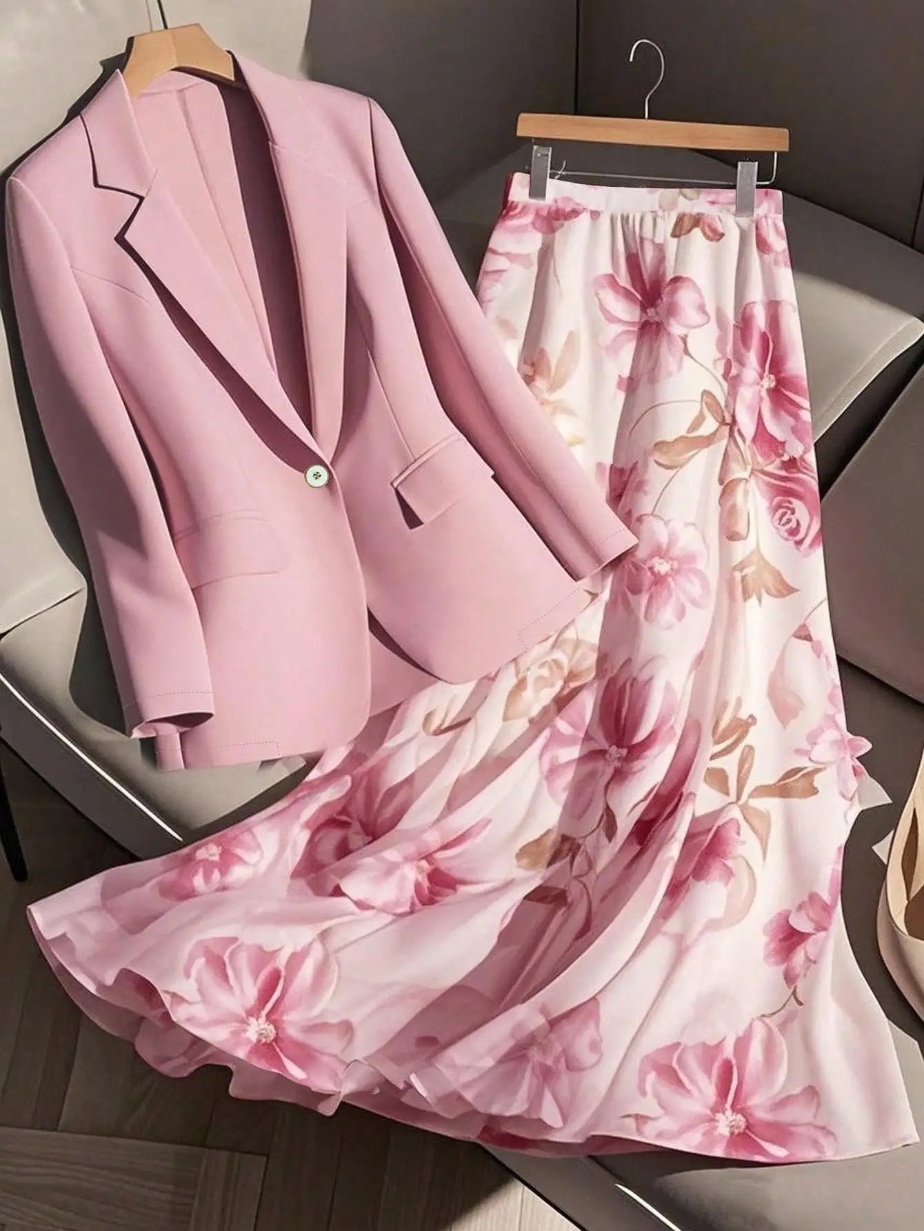 AMEHE Women’s Floral Blazer & A-Line Skirt – 2-Piece Outfit
