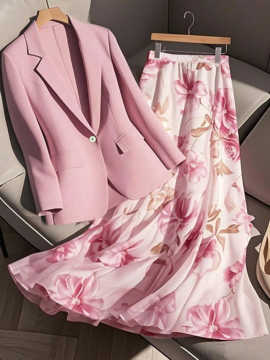 AMEHE Women’s Floral Blazer & A-Line Skirt – 2-Piece Outfit