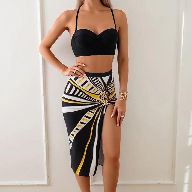 AMEHE High-Waist Push-Up Bikini Set with Beach Dress