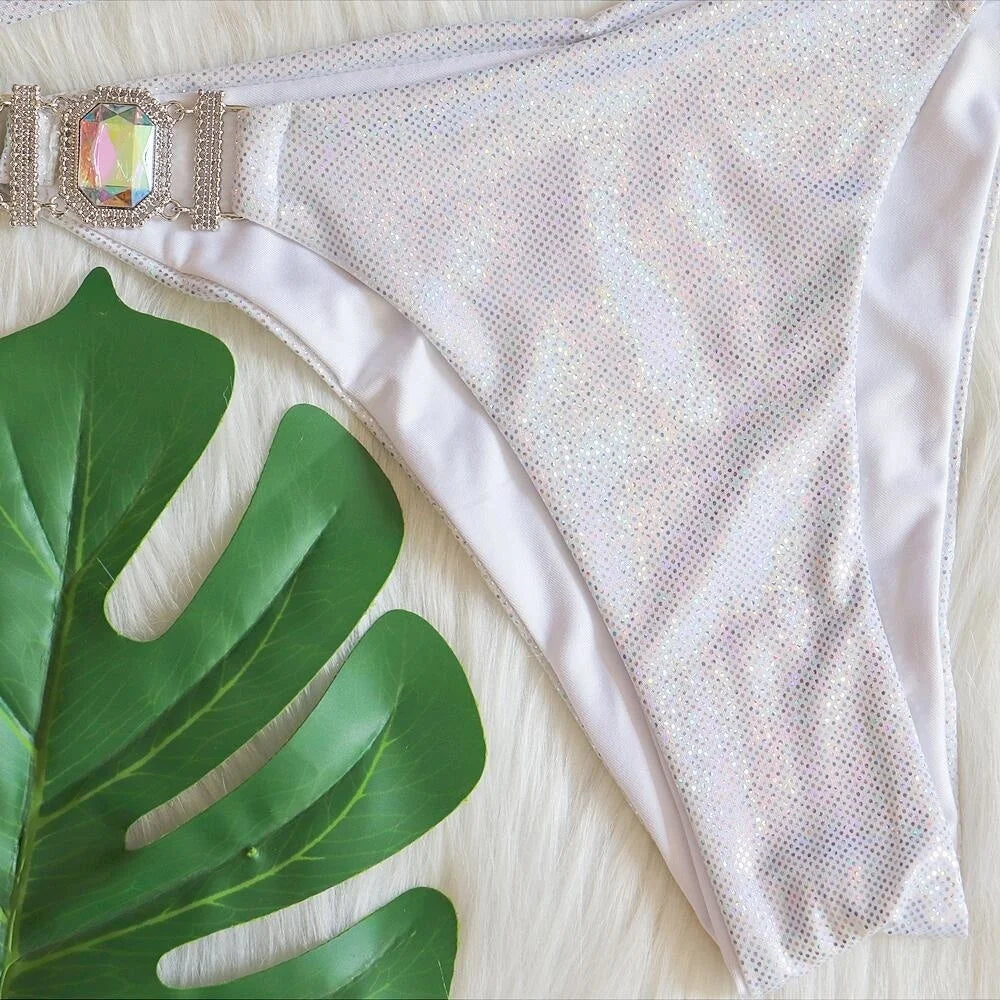 AMEHE Luxury Rhinestone Crystal Two-Piece Thong Bikini Swimsuit
