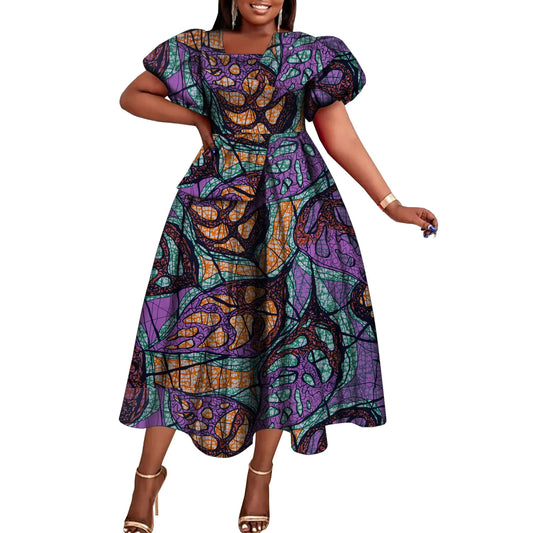 Women’s African Print Short Sleeve Dress – Elegant Dashiki-Inspired Party & Celebration Attire