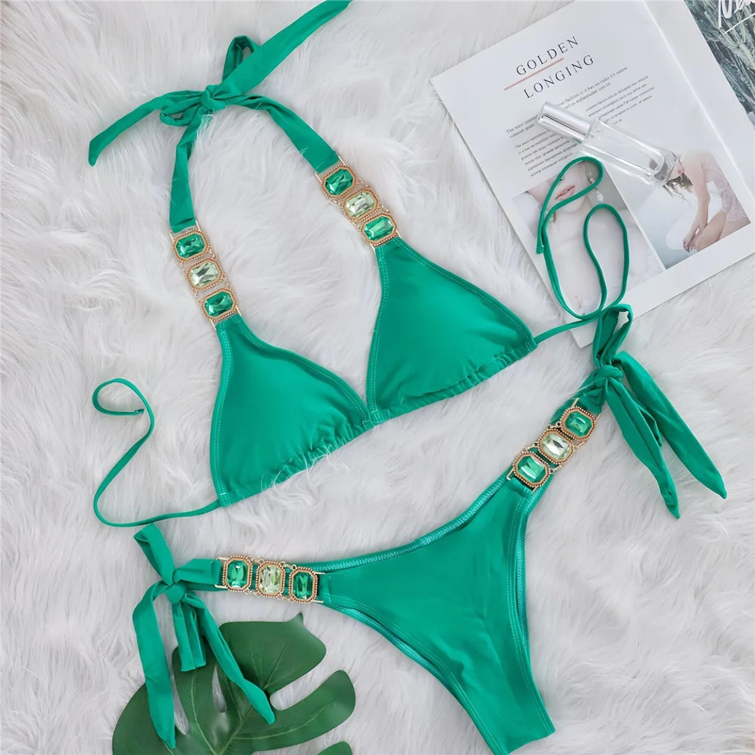 AMEHE Rhinestone Halter Two-Piece Bikini Swimsuit