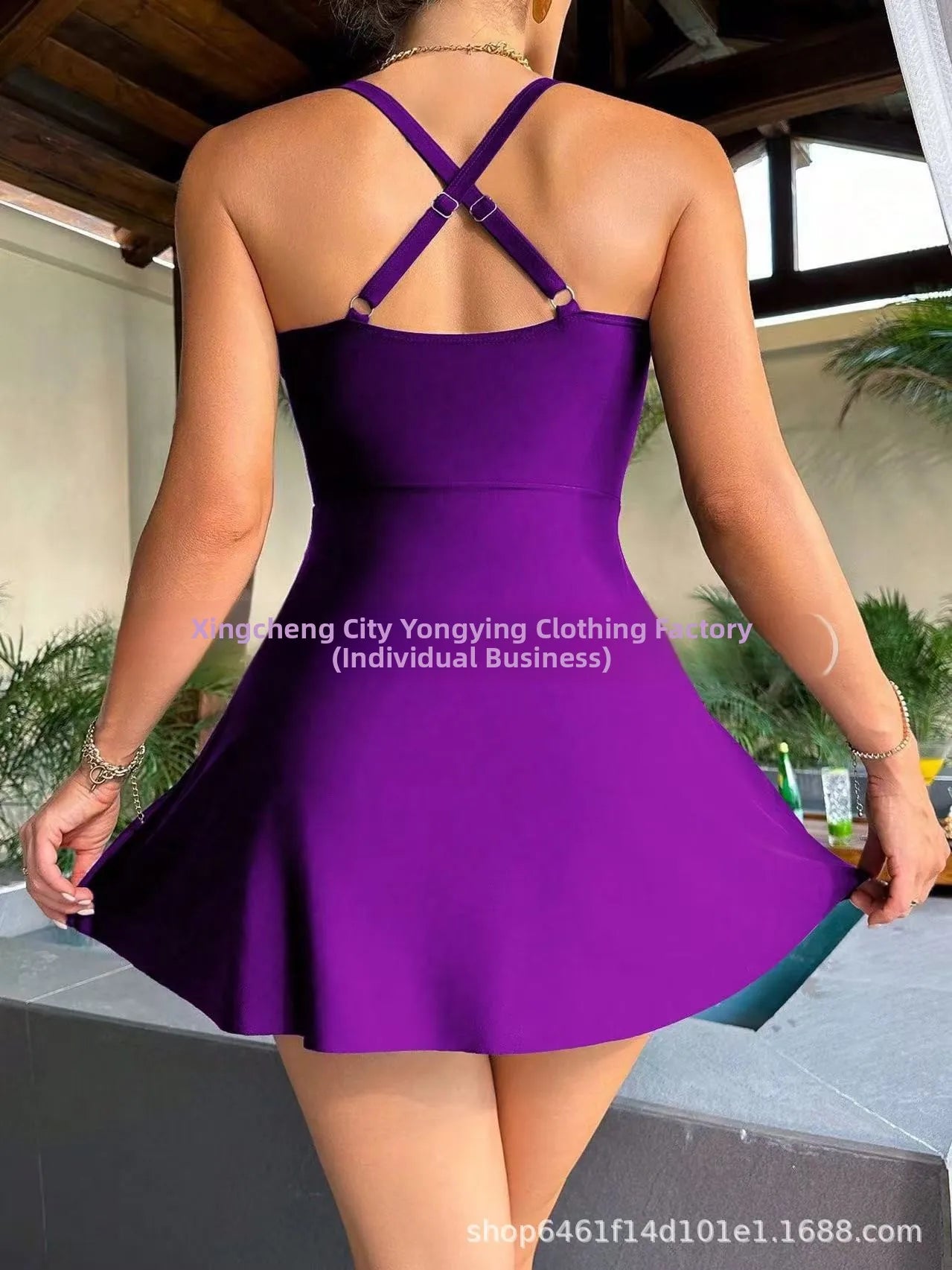 AMEHE Solid Color Cross-Back Waist-Cinched One-Piece Swimsuit Dress