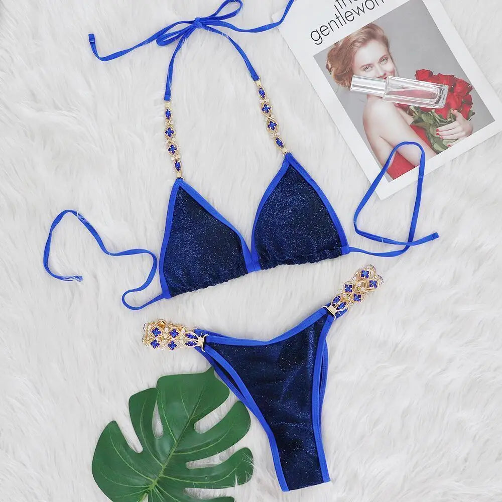 AMEHE Luxury Rhinestone Crystal Two-Piece Thong Bikini Swimsuit
