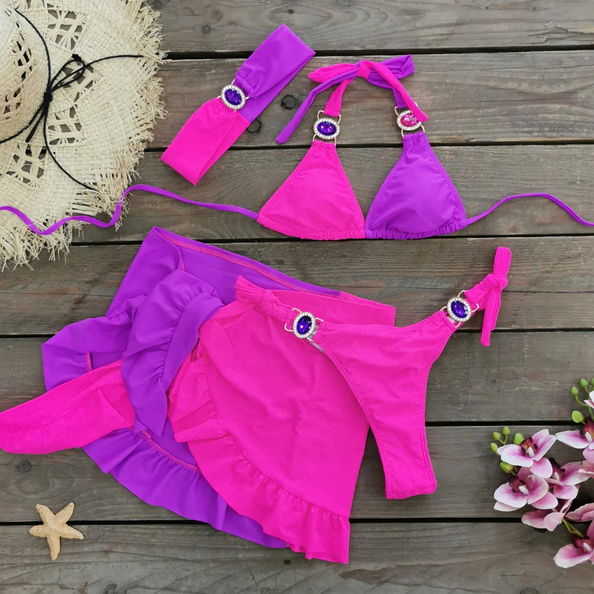 AMEHE Rhinestone Halter Bikini with Beach Skirt – 3-Piece Swimwear Set