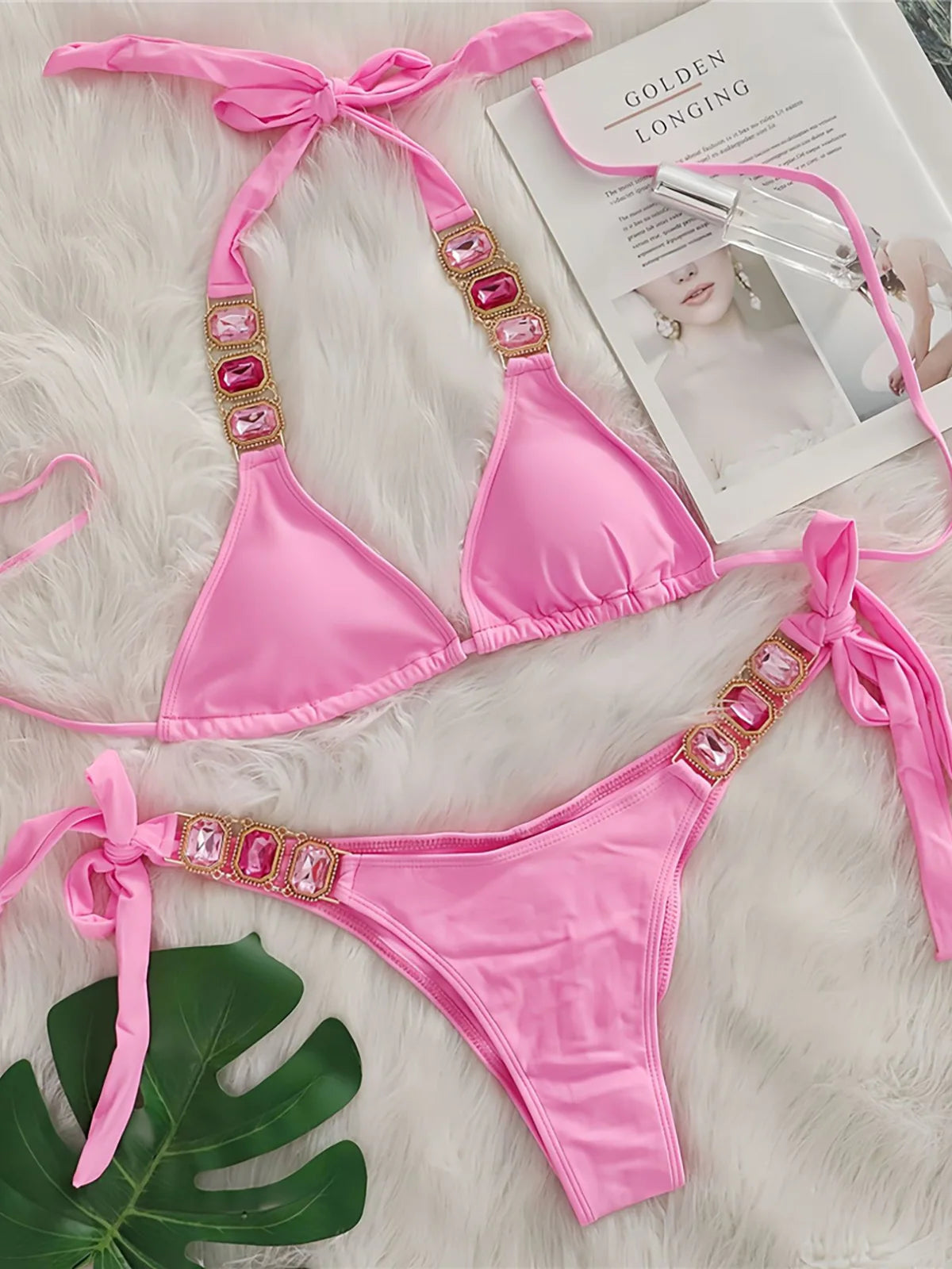 AMEHE Rhinestone Halter Two-Piece Bikini Swimsuit