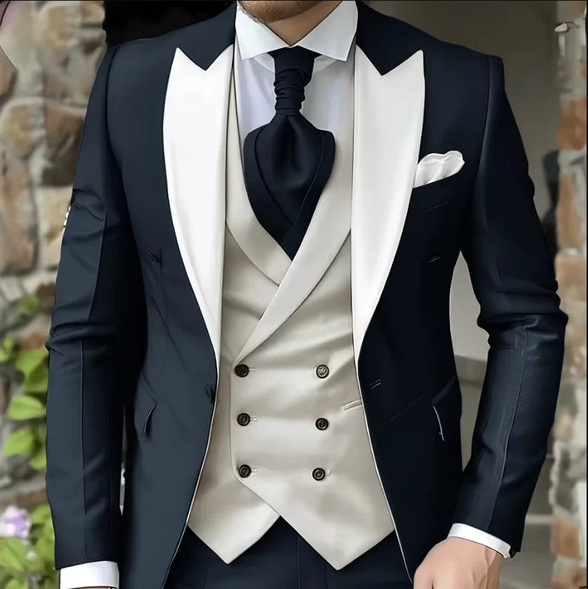 AMEHE Men’s White 3-Piece Tuxedo Suit – Blazer, Vest & Pants