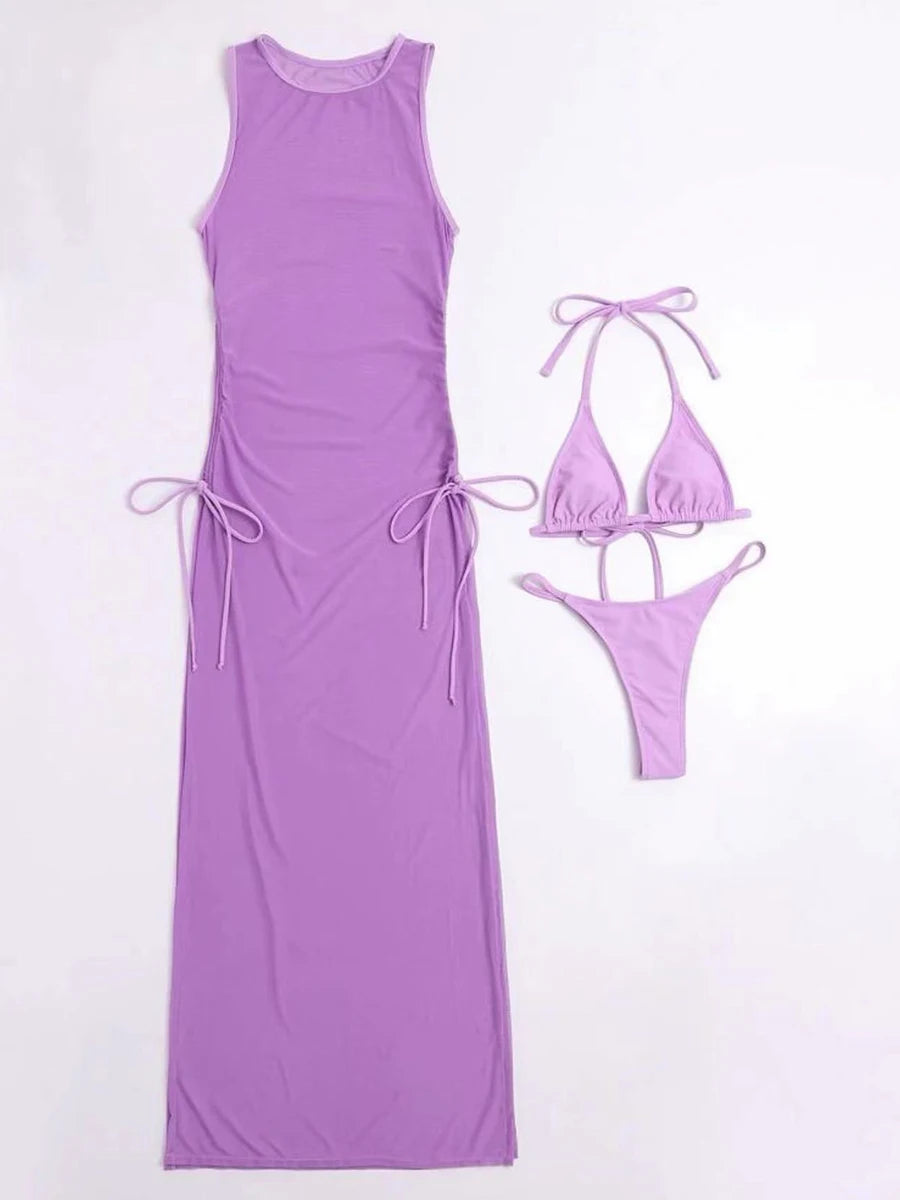 AMEHE Solid Color 3-Piece Bikini Set with Beach Cover-Up Dress