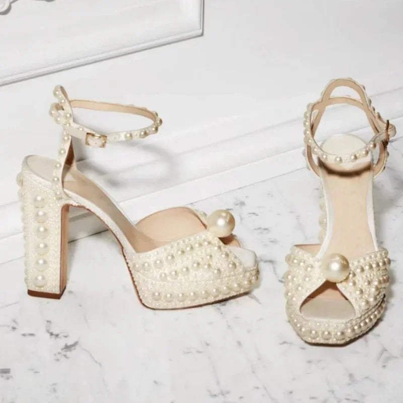 Luxury Beaded Thick Heel Sandals – Open Toe Style
