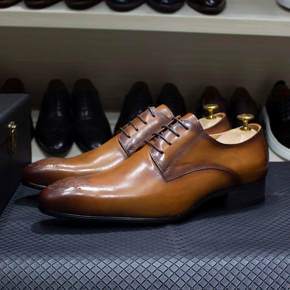 Elegant Men’s Oxford Derby Shoes – Genuine Leather, Pointed Toe