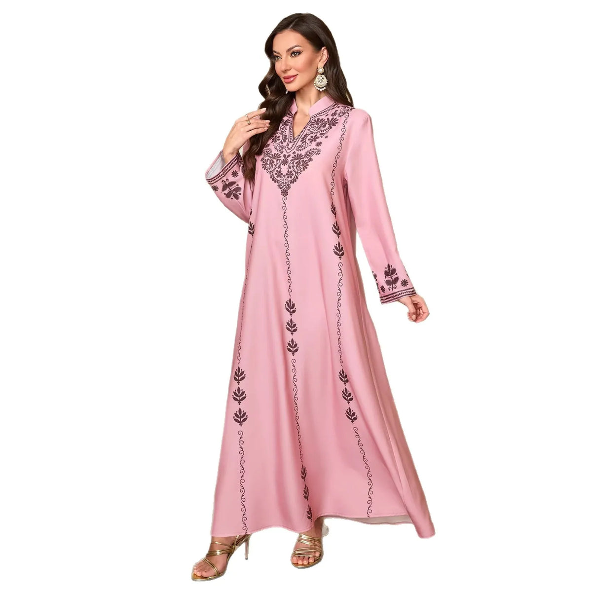 Women’s Printed Dubai-Inspired Abaya Robe – Elegant V-Neck Long Modest Dress