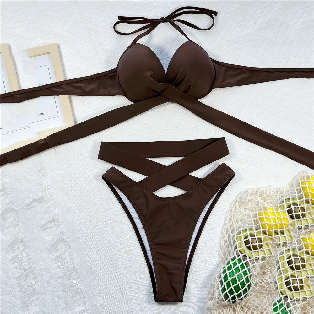 AMEHE Black High-Waisted Halter Push-Up Bikini Swimwear