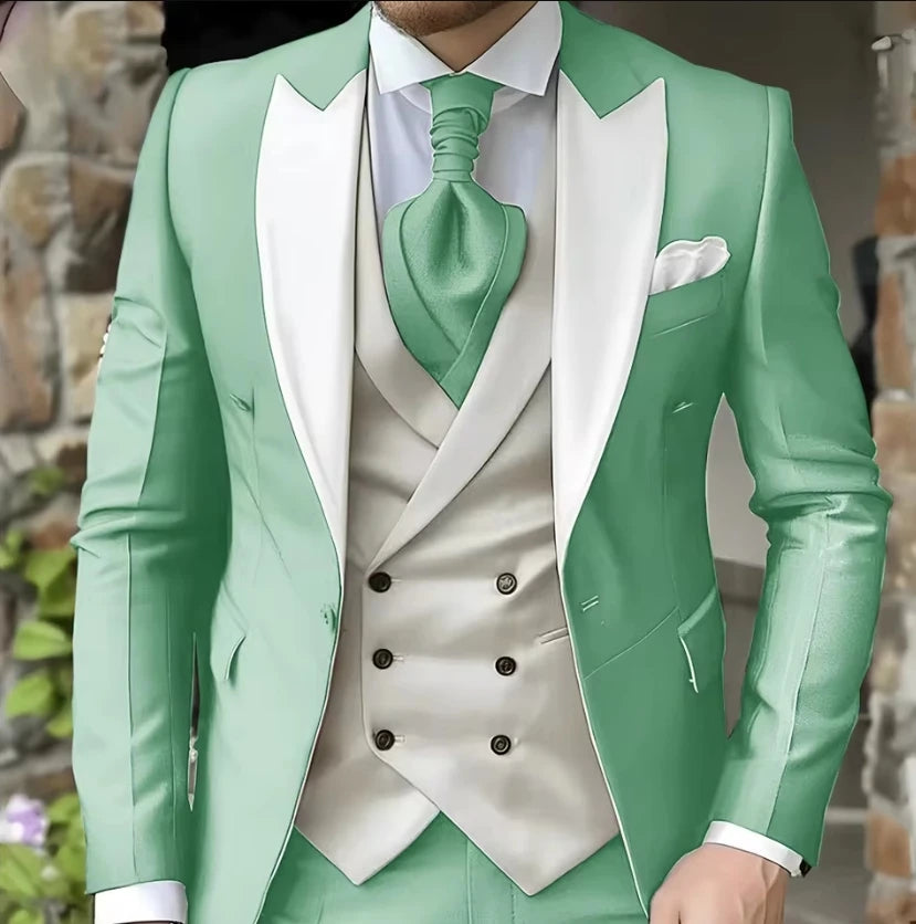 AMEHE Men’s White 3-Piece Tuxedo Suit – Blazer, Vest & Pants