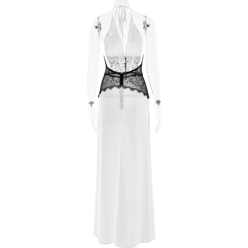 AMEHE Women's Lace Halter Deep V-Neck Backless Maxi Evening Dress
