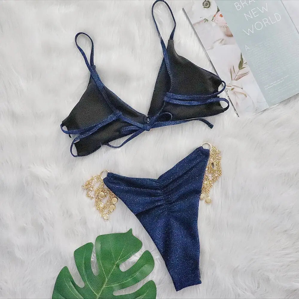 AMEHE Luxury Rhinestone Crystal Two-Piece Thong Bikini Swimsuit