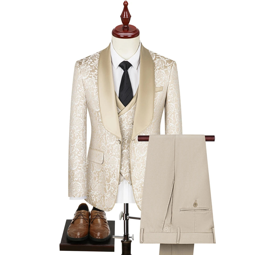 AMEHE Men’s Green Striped 3-Piece Tuxedo – Blazer, Vest & Pants