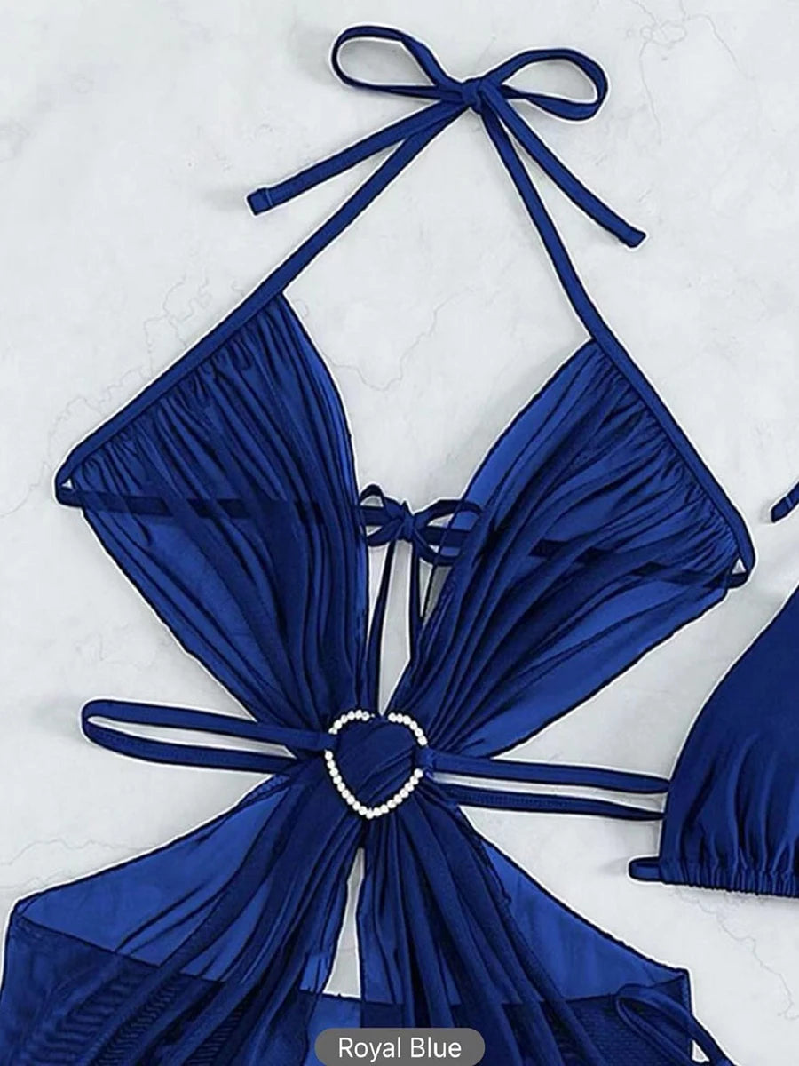 AMEHE 3-Piece Halter String Bikini Set with Cover-Up