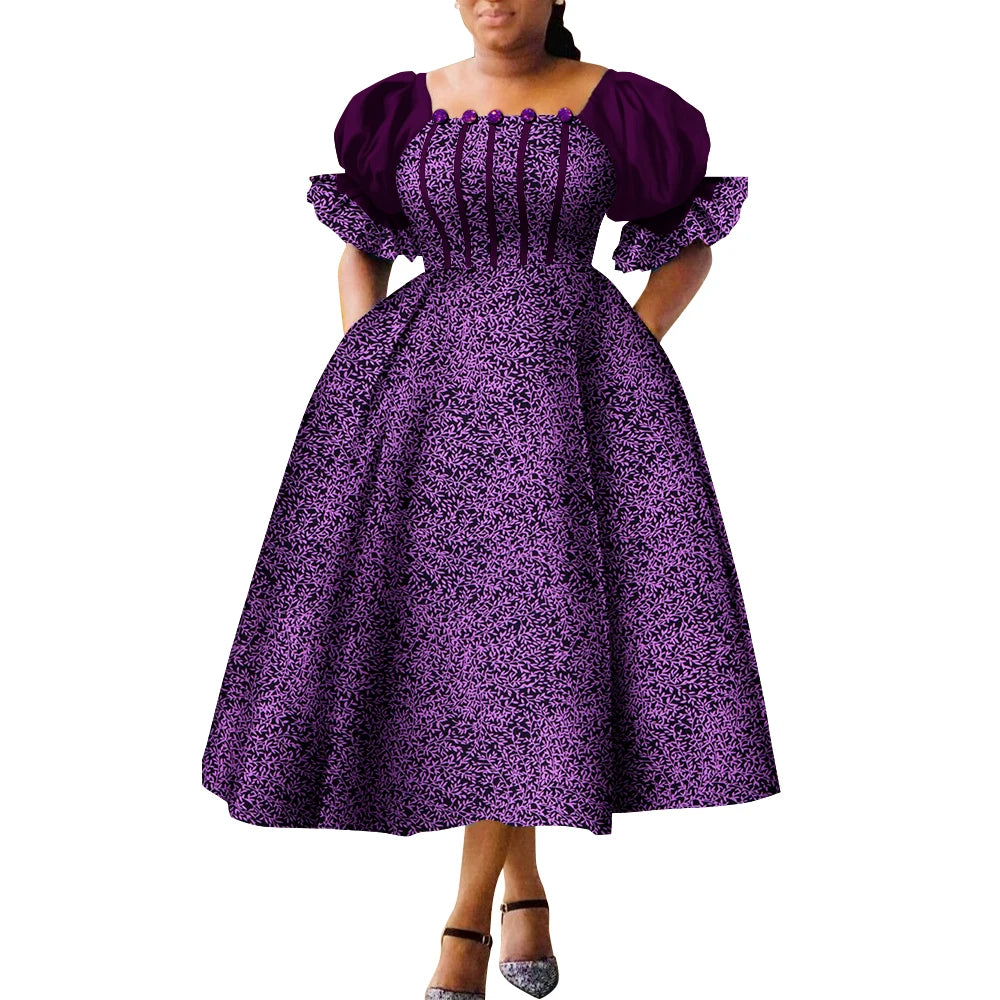 Women’s African Print Puff Sleeve Maxi Dress – High Waist Princess Gown