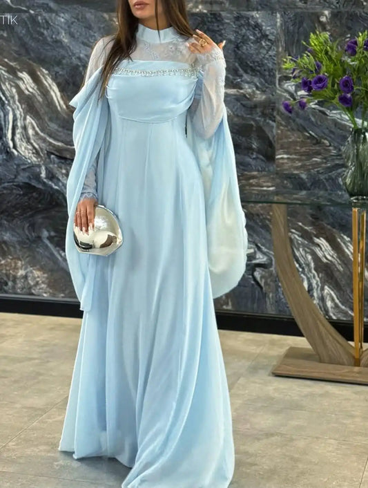 Women’s Light Blue Modest Evening Gown – High Neck Cape Sleeve Formal Dress