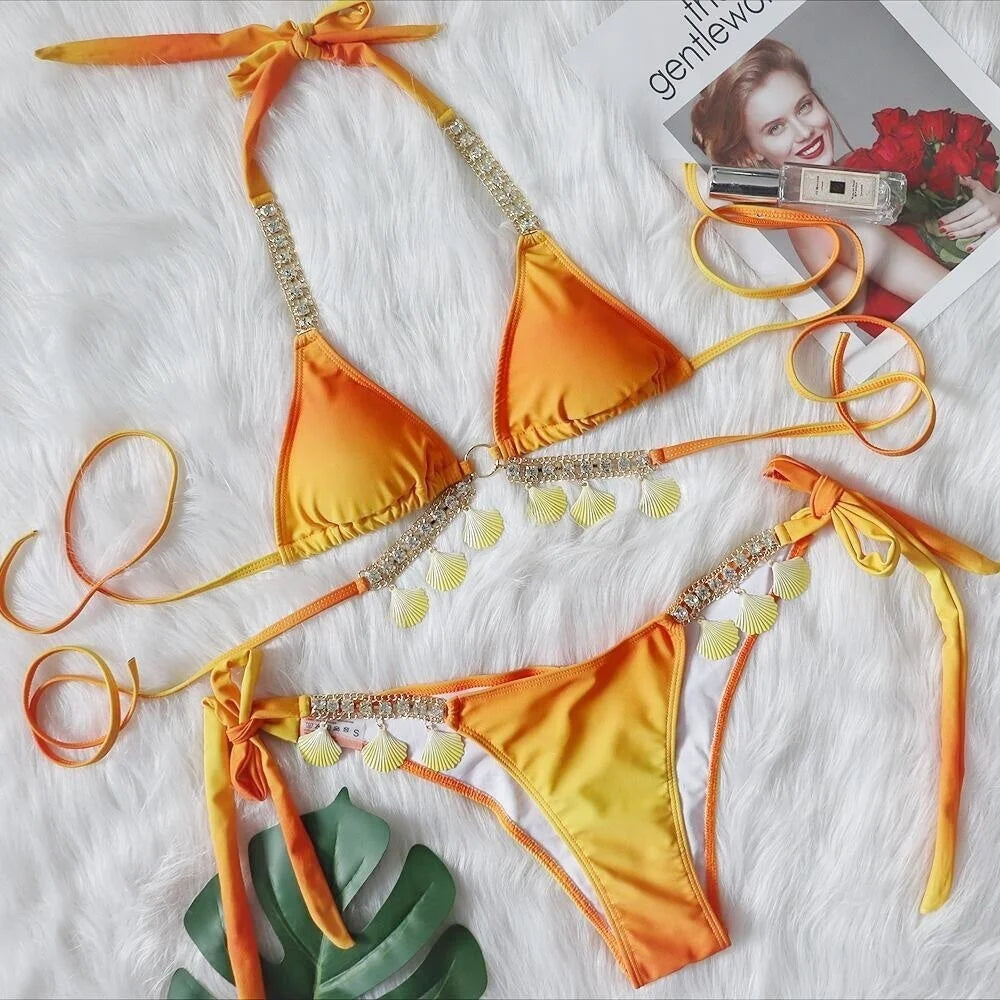 AMEHE Luxury Rhinestone Crystal Two-Piece Thong Bikini Swimsuit