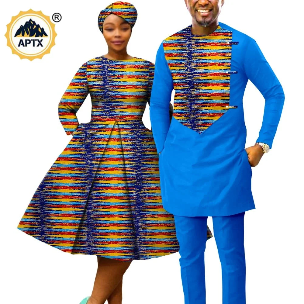 African Matching Couple Outfits – Women’s Print Dress & Headwrap with Men’s