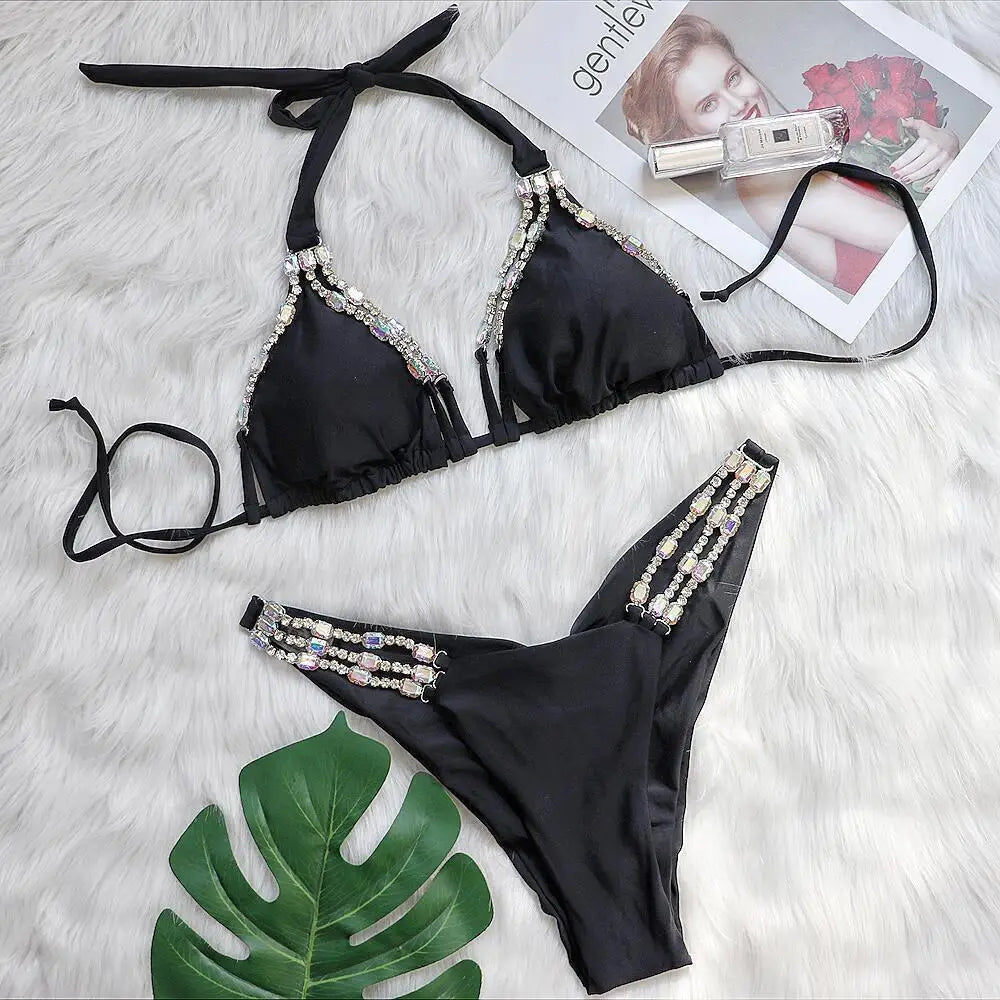 AMEHE Luxury Rhinestone Crystal Two-Piece Thong Bikini Swimsuit